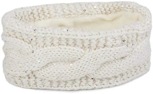 styleBREAKER Damen Stirnband Grobstrick mit Zopfmuster und Pailletten, warmes Fleece Innenfutter, Haarband, Headband 04026002, Farbe:Creme-Weiß