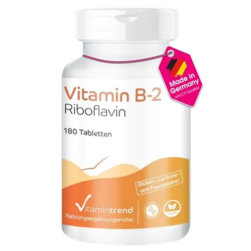 Vitamintrend Vitamin B2 Riboflavin 100mg, 180 Tabletten, hochdosiert, Nahrungsergänzungsmittel vegan ohne Magnesiumstearat, in Deutschland hergestellt