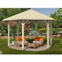 Skan Holz Pavillon Nancy 3 Leimholz 480 cm x 416 cm - Hochwertiger 6-Eck-Pavillon aus Leimholz mit stabiler Dachkonstruktion, ideal für Garten und Terrasse. Inkl. Aufschraubstützen für sichere Verankerung.