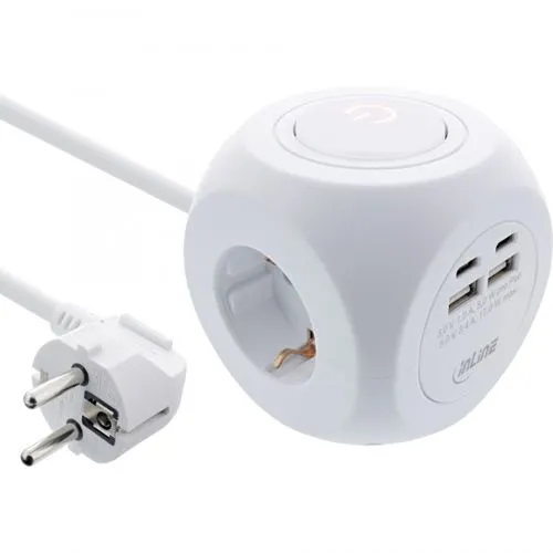 InLine® Charging Cube, 7-in-1 Steckdosenwürfel - Steckdosen & Zubehör: 3x Schutzkontakt, 2x USB-C und 2x USB-A für gleichzeitiges Laden von 7 Geräten, ideal für Zuhause und Büro.