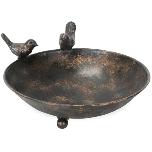 Vogeltränke mit Figur aus Eisen in antiken Braun - Dekorative Schale 25 cm mit stilvollen kleinem Vögelchen - Wetterfeste Gartendekoration für Balkon, Garten und Terrasse, perfekt für Wildvögel