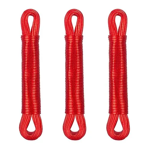 Relaxdays Wäscheleine 3er Set, 20m, PVC Wäscheseil mit Polyesterkern, extra stark, drinnen & draußen, Wäscheschnur, rot