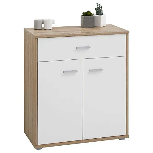 CARO-Möbel Kommode Sideboard Tommy in Sonoma Eiche/weiß - Moderne Kommode mit 1 Schublade und 2 Türen, idealer Stauraum für Wohnzimmer, Flur oder Küche. Die melaminharzbeschichtete Oberfläche schützt vor Kratzern und sorgt für Langlebigkeit.