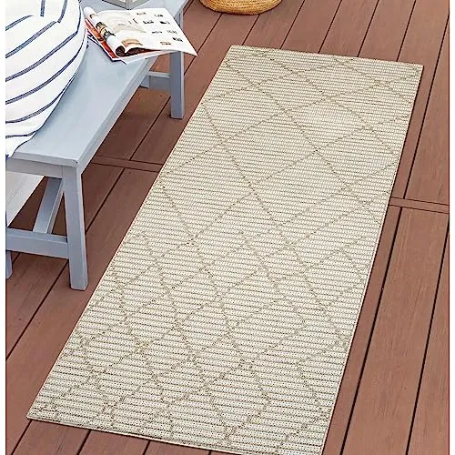 carpet city Outdoor Teppich Terrasse Wetterfest - 80x150 cm - Balkonteppich Beige - Raute-Optik - In-& Outdoor Teppiche für Veranda, Garten, Küche, Bad oder Wohnzimmer