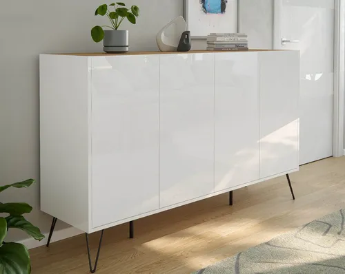 Posseik Waschtisch-Set Sideboard FAVIER 155 x 94cm, 4 Türen, weiß eiche-Top, (Sideboard, 1-St., Sideboard)