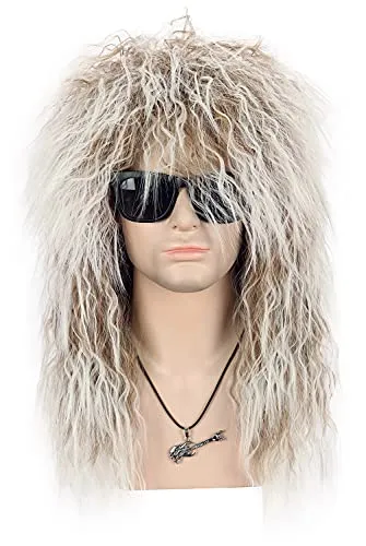 VGbeaty Vokuhila Perücke Lange Curly Glam Punk Rock Perücke für Männer und Frauen Braun Farbverlauf Weiß Kostüm Perücke