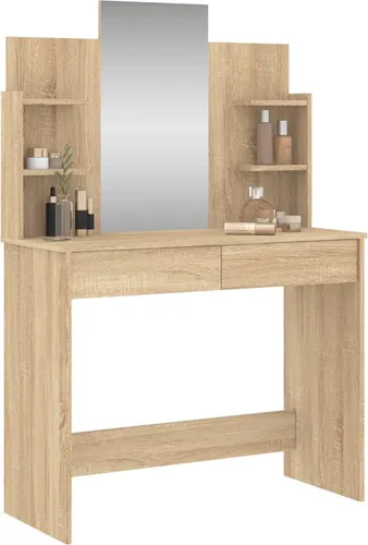 vidaXL Schminktisch mit Spiegel in Sonoma-Eiche - Elegant und Praktisch - Schminktisch mit Spiegel, zeitloses Design und reichlich Stauraum dank 2 Schubladen und 4 Ablageflächen. Ideal für die ordentliche Aufbewahrung deiner Kosmetika!