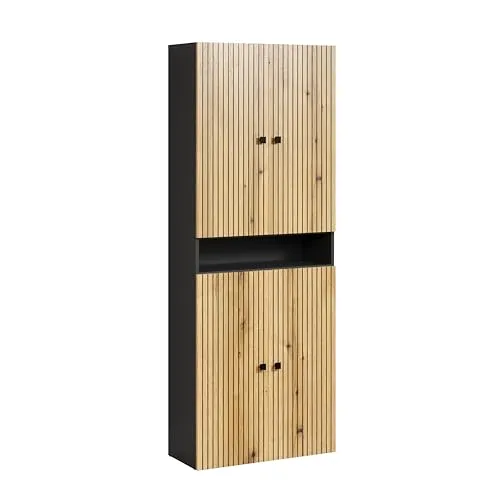 trendteam smart living PureBliss Hochschrank breit - Anthrazit/Evoke Eiche - Hoch- & Midischränke fürs Bad - Moderner Hochschrank mit 4 Einlegeböden und 1 offenem Fach, ideal für platzsparende Aufbewahrung und elegantes Badezimmerdesign.