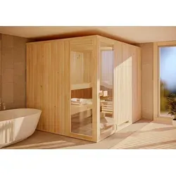 FinnTherm Innensauna Ergo Ausblick Innensauna 3 Sitzbänke aus Holz, Saunakabine mit 72 mm Wandstärke, Dampfsauna mit Montagematerial - Naturbelassen