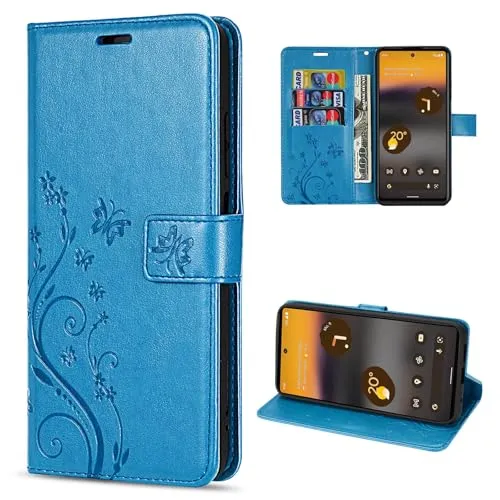 Hülle Kompatibel mit Google Pixel 6A | Premium PU Leder Handyhülle Wallet Case für Pixel 6A | Schutzhülle Blumen Klapphülle Handyhülle | Blau