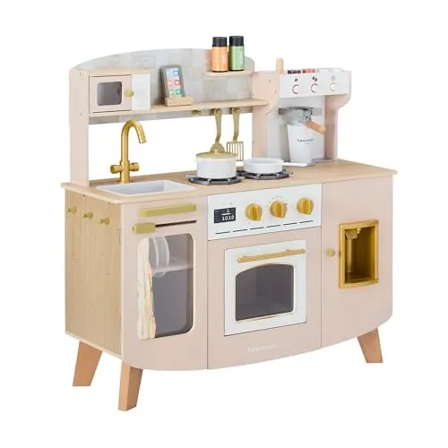 Teamson Kids Spielküche – Little Chef Holz-Kinderküche mit Herd, Spüle & mehr - Mittelgroße MDF-Küche in Beige und Gold mit realistischen Funktionen wie Herd und Mikrowelle. Fördert spielerisch Fantasie und soziale Fähigkeiten. Ideal für kleine Küchenabenteuer im Kinderzimmer.