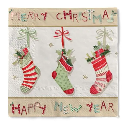 HAPPY PAPER Weihnachtsserviette SANTAS SOCKS aus 3-lagigem Tissue, 1/4 Falz, 33x33cm, 20 Stück – drei Weihnachtsstrickstrümpfe verziert mit Schleifen