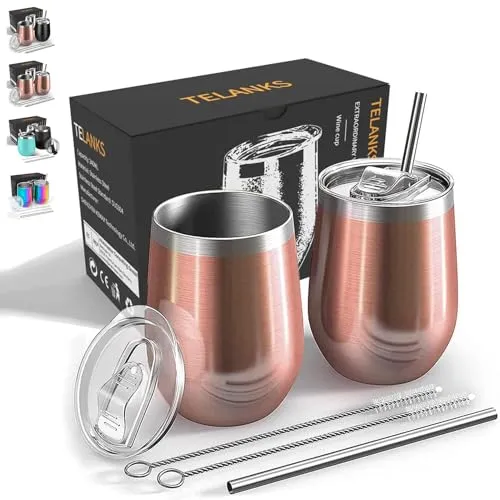 TELANKS Wein Becher to go,2 Stück Weinglas to go,Edelstahl Weinbecher Isoliert mit Deckel,Sekt Camping Geschenk für Frauen - Rosegold