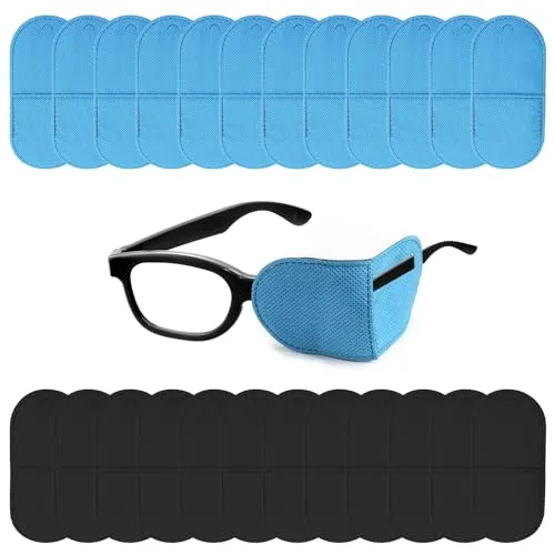 SYEYCW 24 Stück Augenklappen Set für Brillen, Wiederverwendbar Augenklappe, Medizinisch Vliesstoff Eye Patches, für Kinder und Erwachsene, für Amblyopie, Strabismus, faule Augen (Schwarz, Blau)