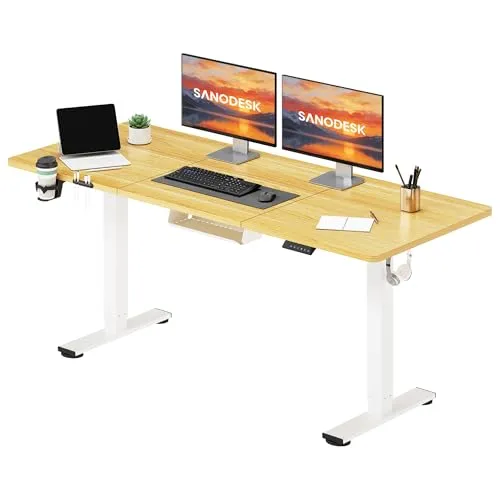 SANODESK Höhenverstellbarer Schreibtisch 160 x 60 cm mit Memory-Funktion, Elektrischer Steh-Sitz Tisch für Heimbüro, Ergonomischer Computertisch mit Modernem Design und Vierteiliger Tischplatte, ahorn
