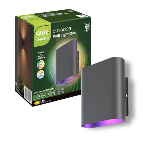 CALEX Smart Outdoor LED Wandleuchte, Up & Down, Ovales Design, RGB-Farben & kalt- bis warmweiß Licht, dimmbar, integriertes LED-Modul, wasserdicht, App- & Sprachsteuerung, Schwarz