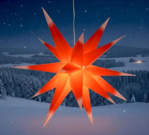 GURU SHOP 3D Außenstern Kaspar - Faltstern mit 18 Spitzen - Wetterfester Weihnachtsstern für Außen, Ø 55 cm, einfach aufzubauen, ideal für Terrassen und Gärten, inklusive 4 m Gummileitung und energieeffizientem LED Leuchtmittel.