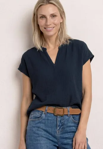 Street One Damen Blusenshirt aus Musselin - Leichtes Sommerblusenshirt mit Split Neck und lässigen Dropped Shoulders. Perfekt für entspannte Tage, aus reiner Baumwolle für angenehmen Tragekomfort.