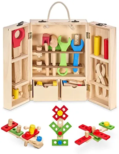 Balinco WERKZEUGKOFFER Kinder, Holzspielzeug Hammer, Säge, Schraubenzieher, Lineal, Zange, Schraubstock, Werkbank Set, Spielzeug ab 3 Jahre