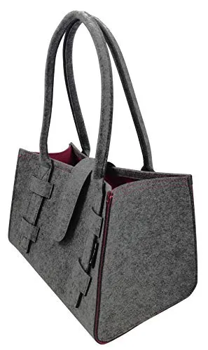 Tebewo Handtasche,Shopping-Bag aus Filz, verschließbare Einkaufs-Tasche mit Henkel, Einkaufskorb, faltbare, vielseitige Tragetasche (Dunkelgrau/Magenta)