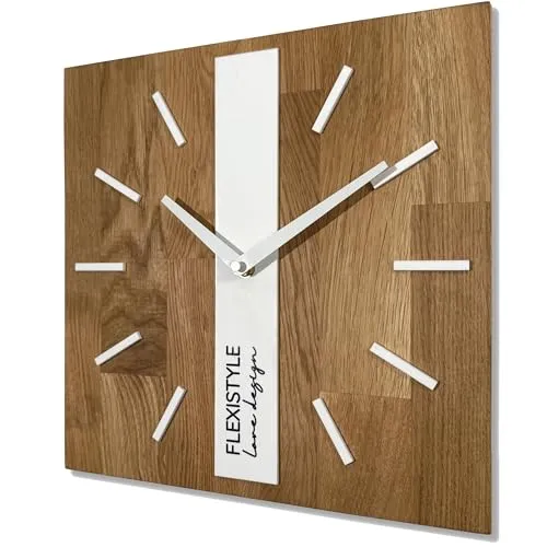 FLEXISTYLE Modern wanduhr ohne tickgeräusche modern wanduhren Holz Badezimmer Wohnzimmer Eiche (Weiß Eckig, 30cm)
