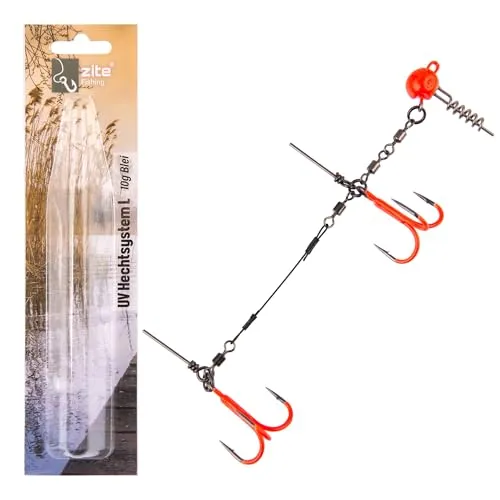 Zite Fishing Gummifisch-System Hecht Angeln UV Aktiv | 21-26cm Big Bait Gummiköder | 5-20g Stinger-System L 13cm | Gummiköder Fertigmontage mit Screw-In-Jighead | Softbait Angsthaken Drillinge (10g)
