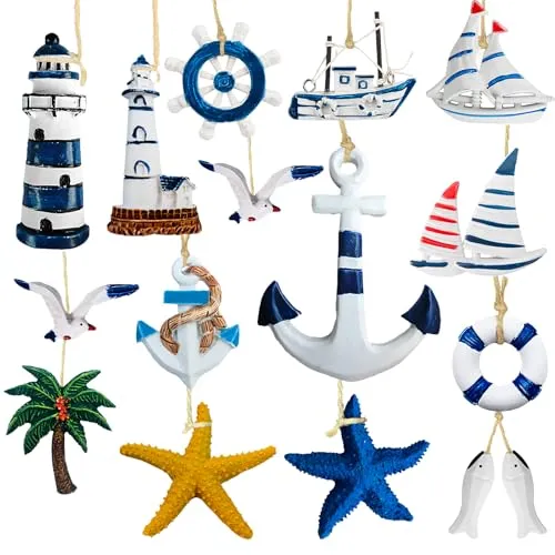 Ftrule 15 Pcs Maritime Anhänger Nautische Deko, Maritimes Dekorationsset, Maritime Anhänger, Dekoanhänger Set, Seestern Boot Fisch Kokospalme, für Fischernetz Deko Wanddekorationen