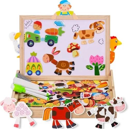 COOLJOY Magnetisches Holzpuzzle 100+ Stück - Rahmenpuzzles für Kinder ab 2 Jahren, fördert Kreativität und Lernen mit über 100 magnetischen Teilen und doppelter Tafel für endlosen Spielspaß.