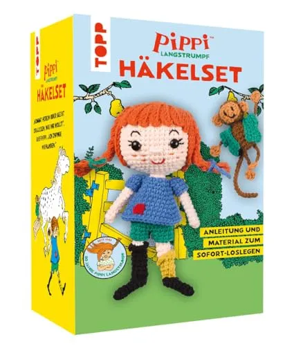 TOPP Pippi Langstrumpf - Das offizielle Häkelset zum 80. Geburtstag: Anleitung, Misch-Garn in 9 Farben, Füllwatte, Häkelnadel 3,0 mm, Sicherheitsaugen, Draht, Aufsteller, White