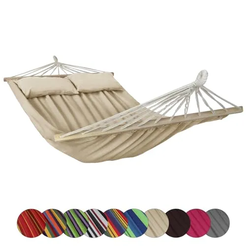 BB Sport Stabhängematte 240 x 150cm mit 2 Kissen - Doppelhängematte für 2 Personen mit hoher Belastbarkeit von 300 kg. Ideal für entspannte Stunden im Freien, schnell und einfach aufzuhängen. Wetterfest und lichtbeständig für langanhaltenden Komfort.