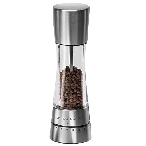 Cole & Mason Derwent Edelstahl Pfeffermühle - Küchenhelfer mit 6 einstellbaren Mahlstufen für feinen oder groben Pfeffer, modernes Design aus Edelstahl und Acryl, hält Gewürze frisch und ist leicht nachfüllbar.