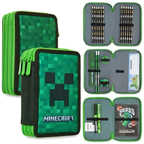 Minecraft Federmäppchen für Jungen und Mädchen – Gefüllt mit Schreibwaren (Grün Creeper)