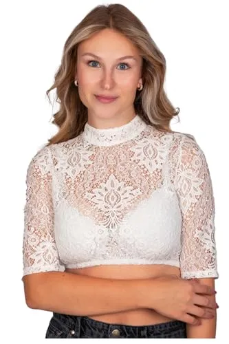 Edelnice Trachtenmode Dirndlbluse Sissi aus Spitze in Creme oder Blau - Elegante Dirndlbluse Sissi in Creme oder Blau, perfekt für festliche Anlässe. Mit blumigem Spitzenmuster und modernem Stehkragen, bietet sie einen femininen Look und hohen Tragekomfort.
