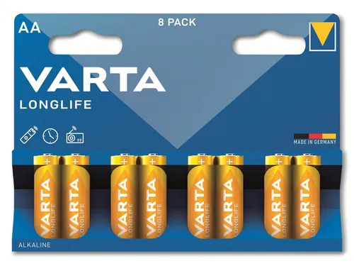 VARTA Batterien AA - 8 Stück Longlife Alkaline 1,5V, hohe Leistung und 10 Jahre Haltbarkeit, ideal für Fernbedienungen und elektronische Geräte