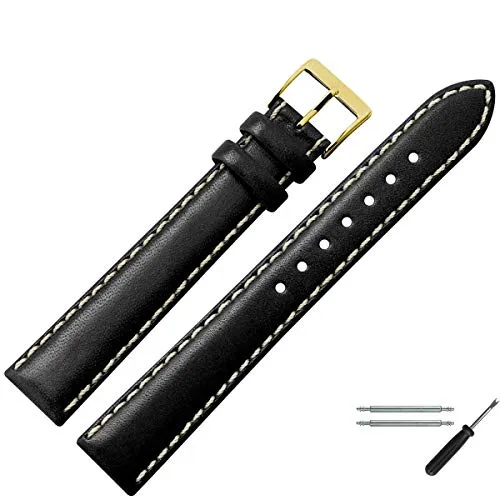 MARBURGER Uhrenarmband 24mm Leder Schwarz Gold XL Glatt Mit Naht - Montage Set 8022410000220