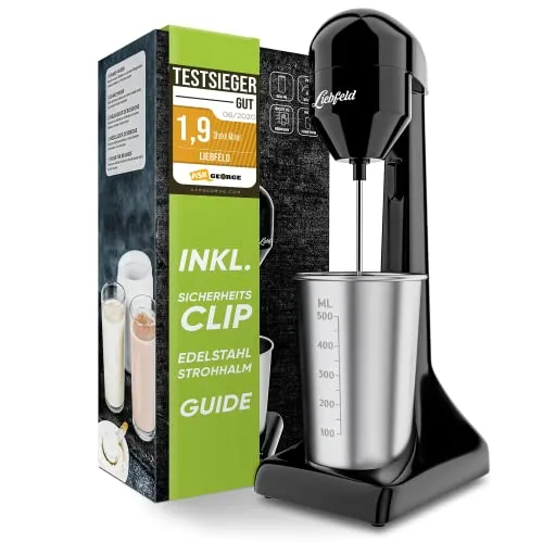 Liebfeld Protein Shaker Elektrisch - 500ml Edelstahl Becher - Stab- & Standmixer für cremige Protein- und Milchshakes, 100W Leistung für blitzschnelles Mixen, spülmaschinenfest und ideal für Fitnessziele!
