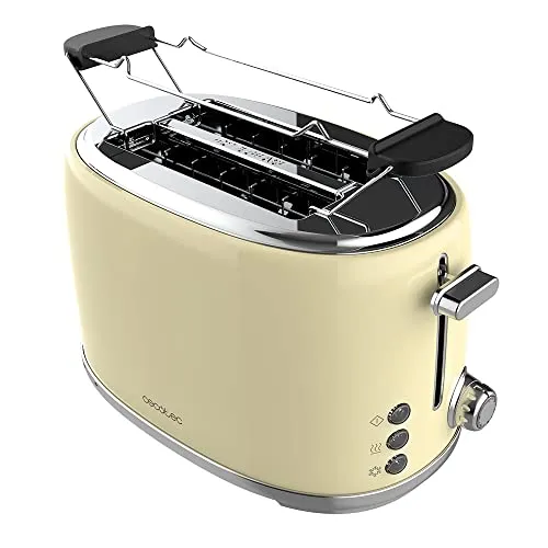 Cecotec Toaster 2 Scheiben Toast&Taste 1000 Retro Double Beige - Retro Toaster mit 2 breiten Schlitzen (3,8 cm), 980 W Leistung und Edelstahl-Finish. Ideal für dicke Toasts und Gebäck, mit 6 Bräunungsstufen für perfekten Genuss.