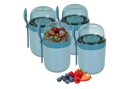 relaxdays Müslibox Müslibecher to go 4er Set, Kunststoff, blau