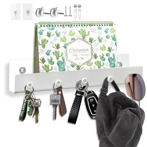 Echehi Schlüsselhalter aus Metall mit 5 Haken und Ablage, 3-Wege-Montage, Platzsparendes Design für Zuhause und Büro. Weiß