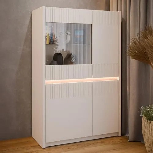 Forte Oak SQUERE Vitrine 90 100 - Elegante Wohnzimmervitrine mit 4 Türen und integrierter Beleuchtung. Ideal zur stilvollen Präsentation Ihrer Lieblingsstücke. Robuste Bauweise und einfache Montage für ein harmonisches Wohnambiente.
