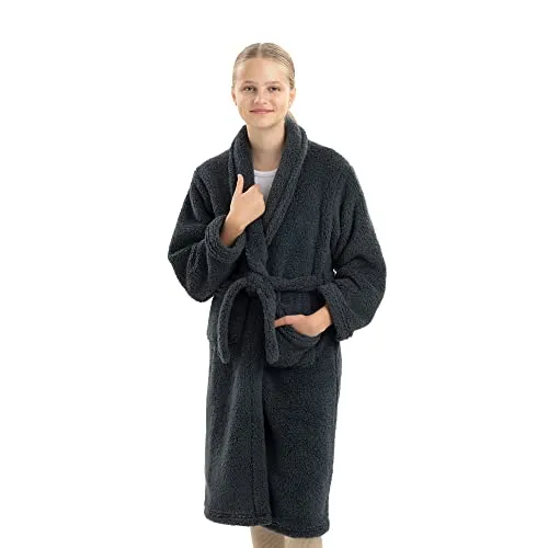 HOMELEVEL Kuschelfleece Bademantel für Kinder - Sherpa Morgenmantel mit Taschen Schalkragen Gürtel - Kinderbademantel für Jungen und Mädchen