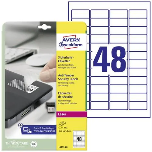 AVERY Zweckform Sicherheitsetiketten L6113-20 - 960 Stück, bedruckbar, wasserabweisend und ideal für professionelle Etikettierung