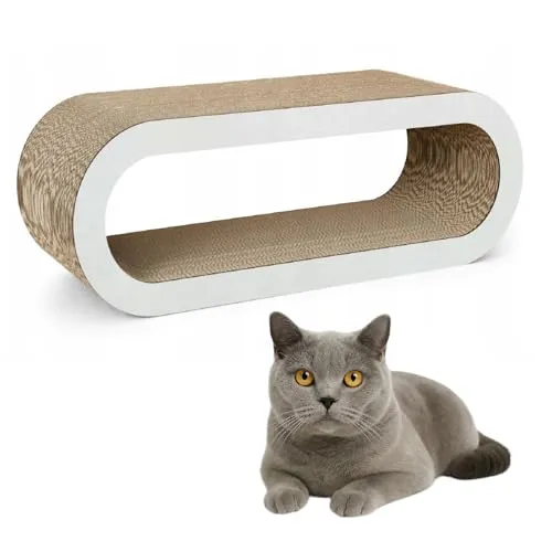 QLS Katzenmöbel aus Wellpappe – 75×27×29 cm – Kratzbrett, Katzenhöhle, Liegeplatz mit Katzenspielzeug & Katzenminze (Hellgrau)