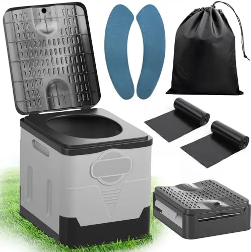 SaiXuan Tragbares Klapptoiletten-Set, 25 L Groß, Maximale Tragung 150KG, 24 Beutel Müllbeutel,Transporttasche, Toilettensitzpolster, Mobile Toilette für Camping, Wohnmobil,Wandern (Schwarz grau)
