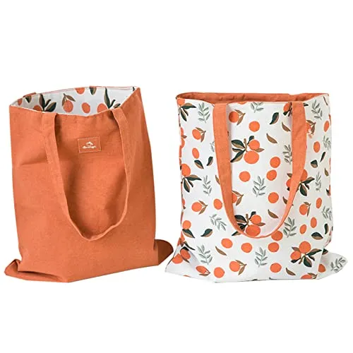 PLATEYTR Doppelseitige Leinentasche aus Baumwolle und Leinen,Stoff Tasche, Einkaufstasche, Baumwolle Schulter Reversible Leinwand Messenger Bag für Damen,Kinder(Mandarine,40cm x 36cm)