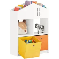 SoBuy KMB49-W Kinder Bücherregal mit Haus-Design - Kinderzimmerregal mit 4 Fächern und 2 Stoffboxen, ideal zur Aufbewahrung von Spielzeug und Büchern. Inkl. Kippsicherung für zusätzliche Sicherheit.