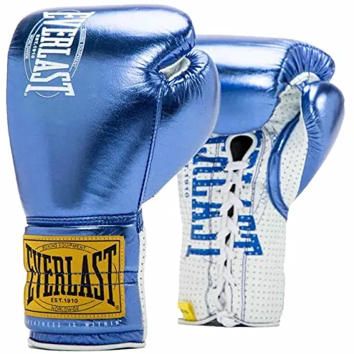 Everlast Boxhandschuhe 1910 Pro Fight Glove, Blau, 8oz - Langlebige Boxhandschuhe aus synthetischem PU-Leder mit ergonomischer Handform für optimalen Schutz. Ideal für intensives Training dank atmungsaktiver Mesh-Handfläche und sicherem Klettverschluss.