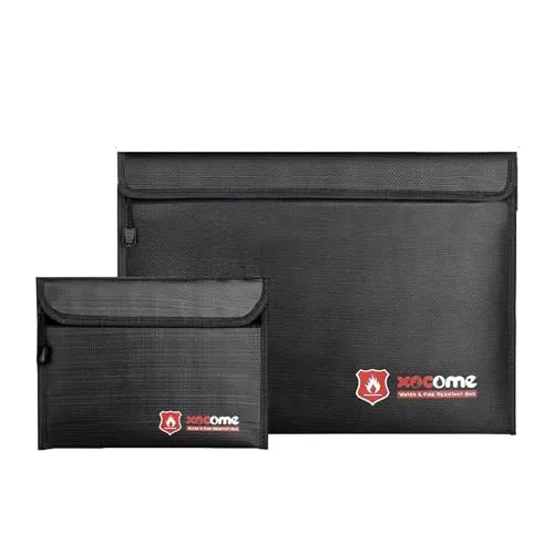 xocome 2 Stück Feuerfeste und wasserdichte Tasche(38x28cm, 23x17.5cm) Zweilagigen Glasfasermaterial, Feuersichere wasserdichte Aktentasche für A4 Dokumente, Passport Bankdatei Geld Wertsachen(Schwarz)