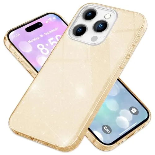 NALIA Robustes Glitzer Cover kompatibel mit iPhone 16 Pro Hülle, Glitter Case Glitzerhülle Schutzhülle Glänzend, Verstärkte Silikon Hybrid Handyhülle, Diamant-Pailletten Strass, Farbe:Gold