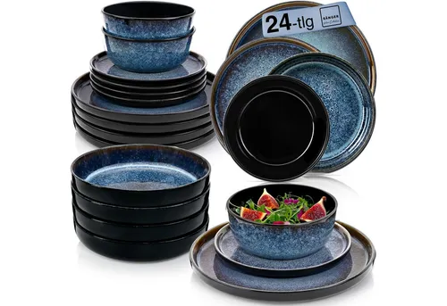 SÄNGER Osaka Tafelservice 24-teilig - Modernes Steingut Geschirr Set für 6 Personen, ideal für den täglichen Gebrauch – mikrowellen- und spülmaschinengeeignet mit einzigartiger Struktur und rustikaler Eleganz.